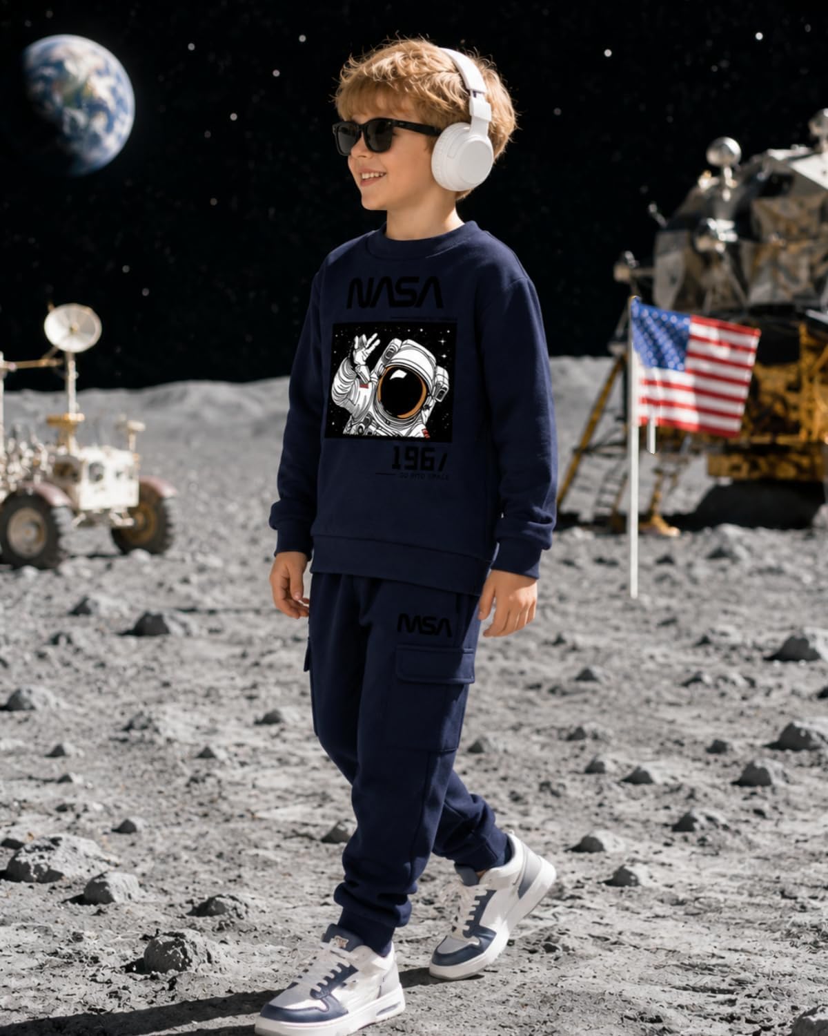 Size 5-12 Years Boys 2 Piece Outfits Long Sleeve Solid Astronaut Pattern Top and Sweatpants Fall Winter Clothing Set