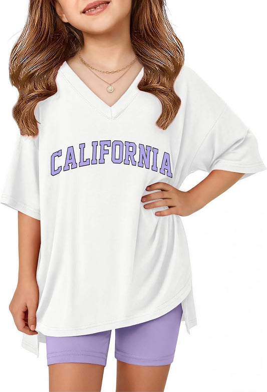 Arshiner Girls 2 Piece Summer Outfits Oversized V Neck Top Shorts Set
