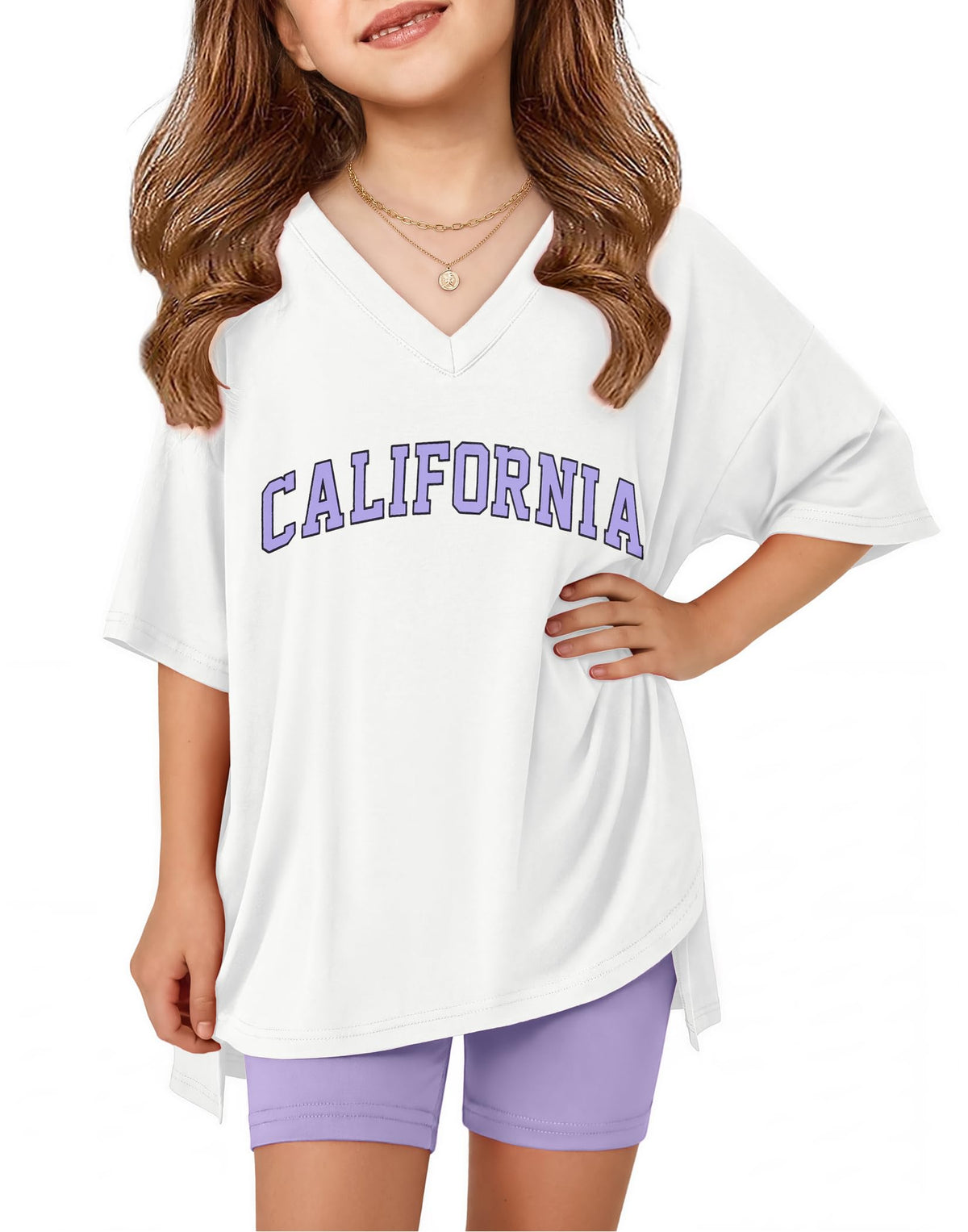 Arshiner Girls 2 Piece Summer Outfits Oversized V Neck Top Shorts Set