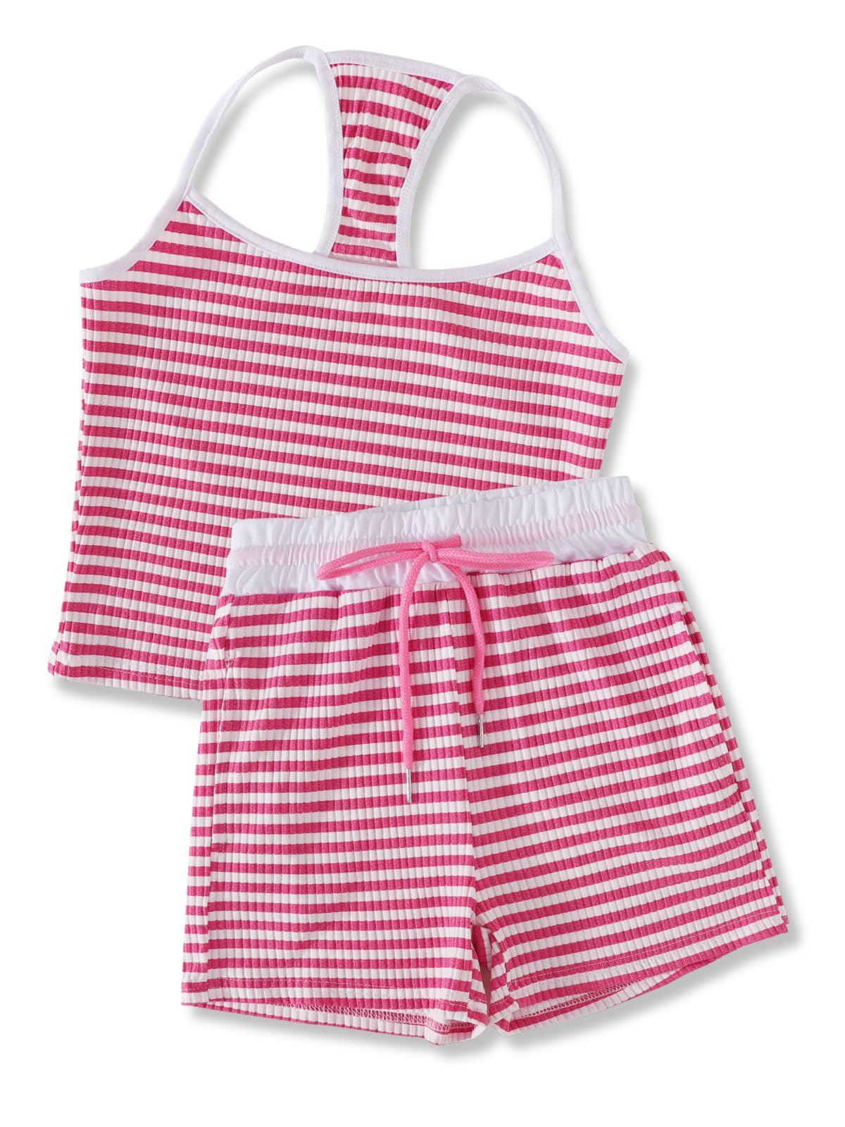 Size 7-14Y Girls Clothes 2 Piece Outfits Striped Tank Top Drawstring Shorts Teen Girls Summer Clothing Sets