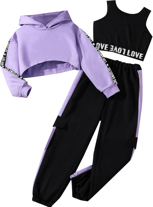 Hilinker Girls 3 Piece Outfits Workout Crop Hoodie Tank Sweatpants