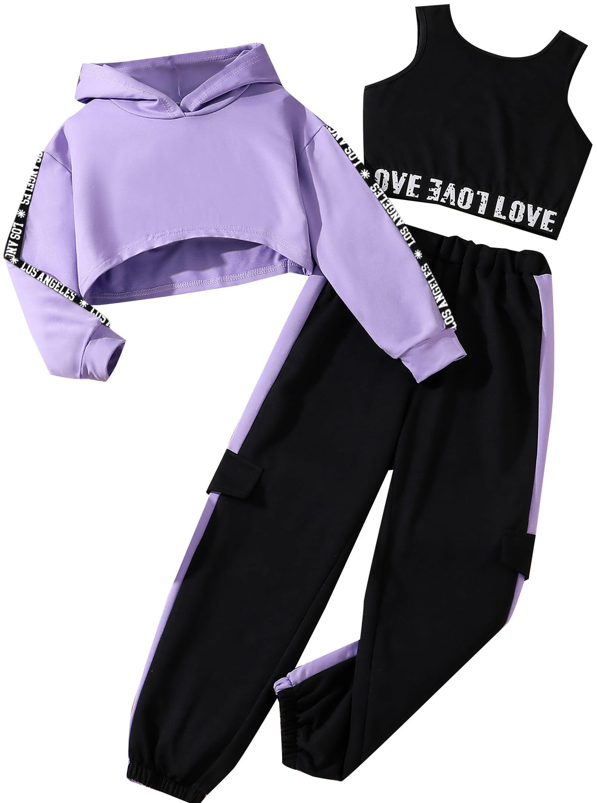 Hilinker Girls 3 Piece Outfits Workout Crop Hoodie Tank Sweatpants