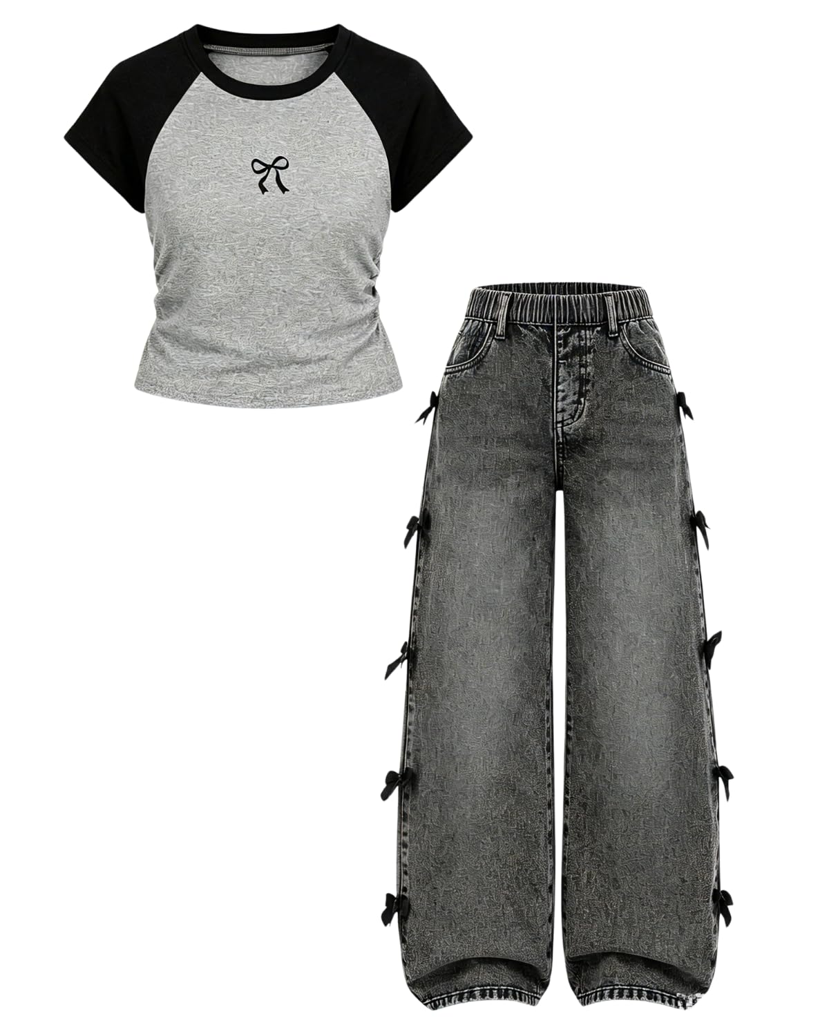 Azmxynol Tween Girl Clothes Short Sleeve Top + Butterfly Design Jeans 2 Pieces Spring Summer Outfit Set, Size 6-16 Years