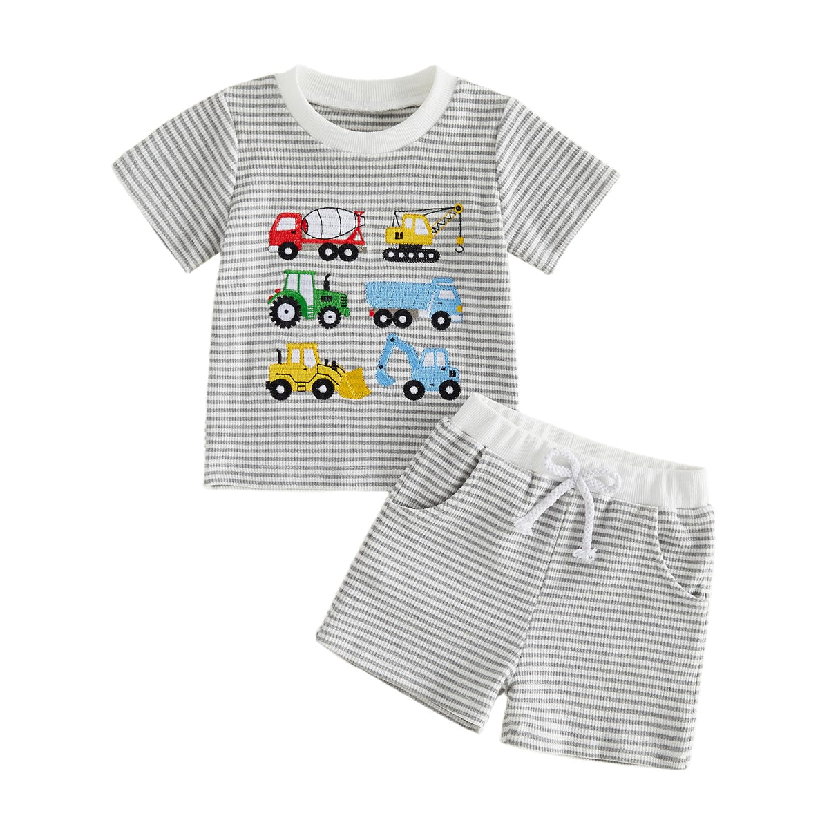 Toddler Baby Boy Summer Clothes Waffle Truck Embroidery Short Sleeve Tops T-Shirt and Shorts Sets Cute 2Pcs Outfits