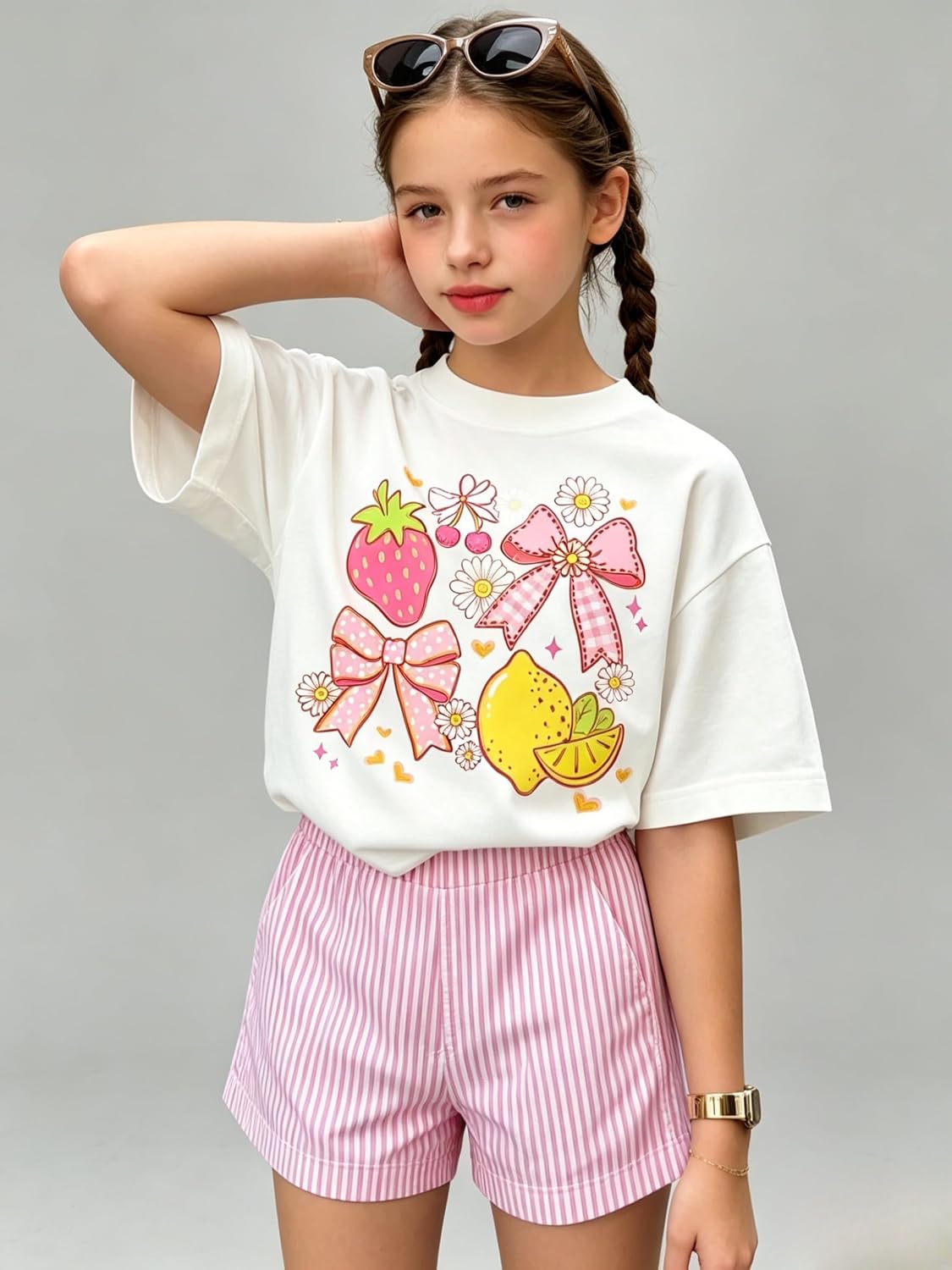 Girls Clothes Summer 2 Piece Outfits Cute Strawberry Lemon Shell Graphic Tee+ Striped Shorts Set Kids Clothing Sets