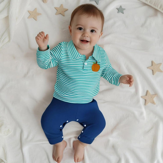 Toddler Baby Boy Halloween Outfit Pumpkin Embroidery Waffle Striped Long Sleeve Polo Shirt Button Up Pullover Top