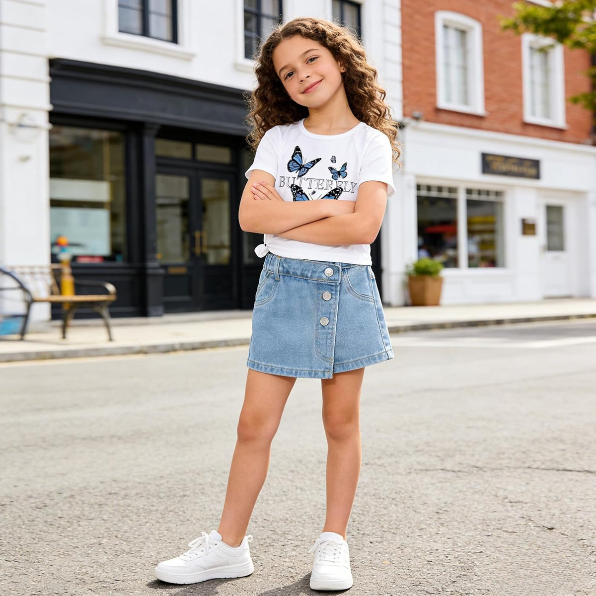 Girls Clothes 2PCS Butterfly Print Short Sleeve T-Shirt Denim Skirt Shorts Set Teen Tween Girls Summer Outfits Set