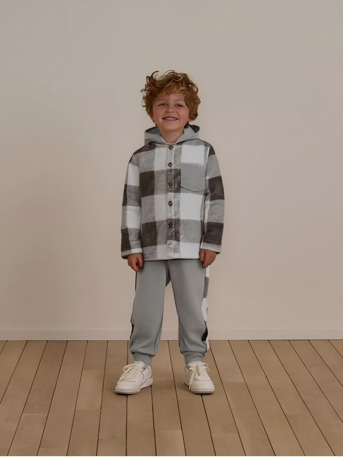 Azmxynol Boys Clothes Plaid Hooded Shirt 2pcs Outfit, Button Front Toddler Fall Winter Hoodie & Sweatpants Set, 4-8 years