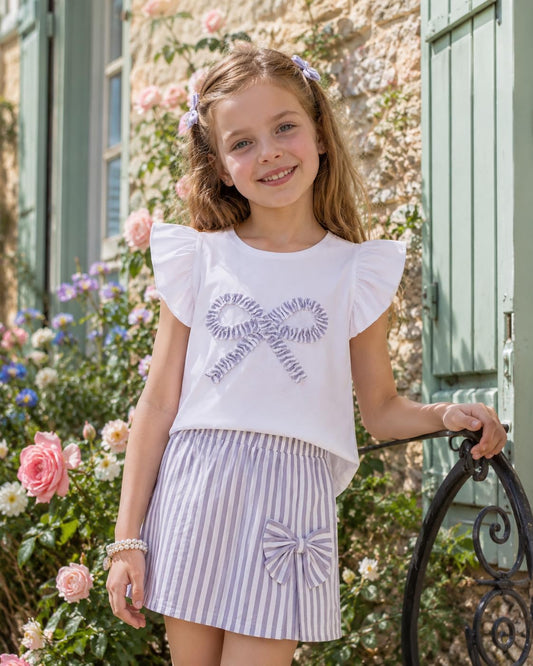 Toddler Girls Clothes Summer Short Sleeve T-Shirt + Striped Skort 2pcs Bow Outfit Set For Girls, Size 4-8 Years