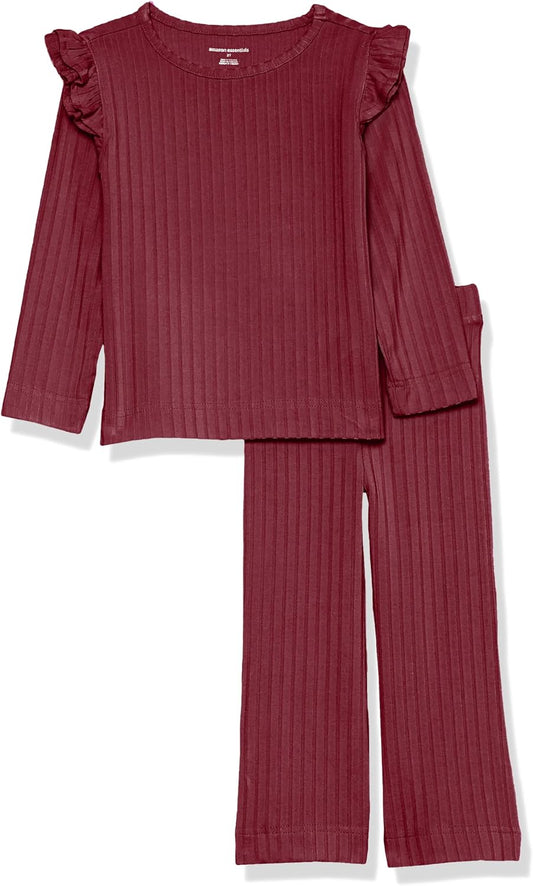 Amazon Essentials Girls' Wide-Rib Ruffle Top and Flare Pants Outfit Set, Pack of 2