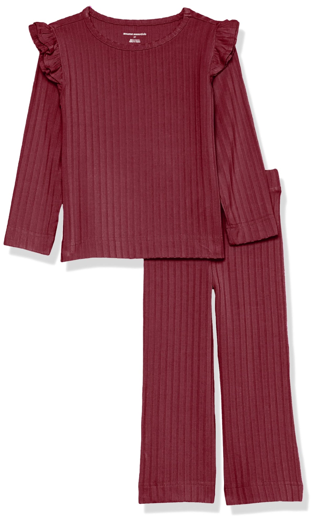 Amazon Essentials Girls' Wide-Rib Ruffle Top and Flare Pants Outfit Set, Pack of 2