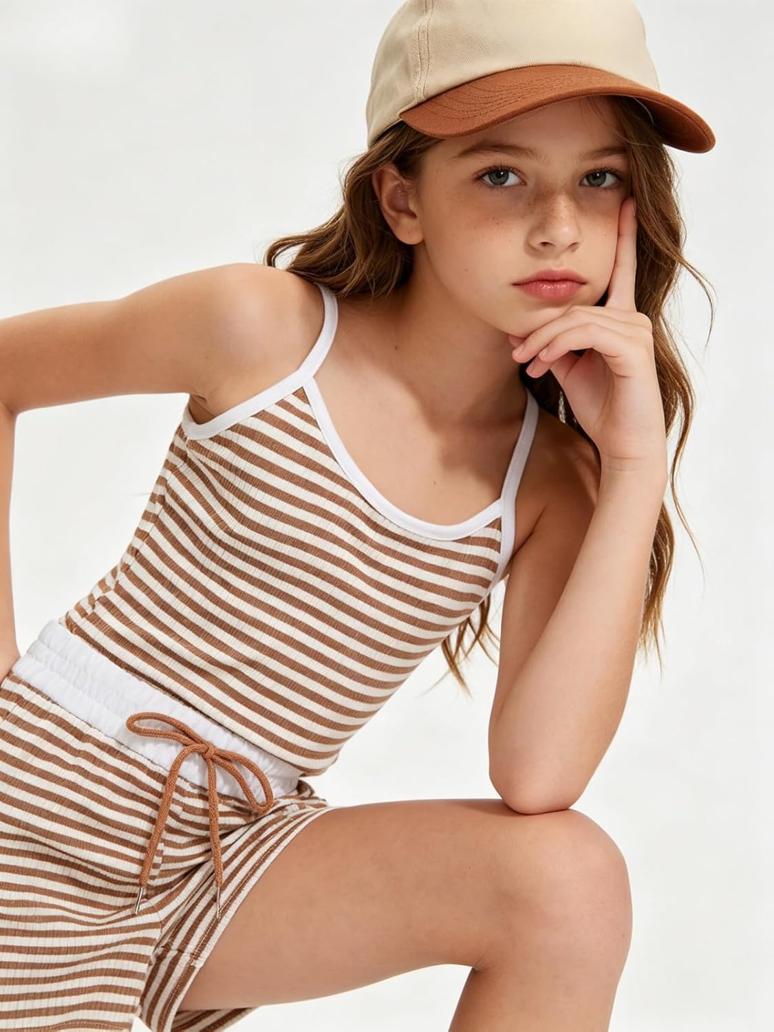 Size 7-14Y Girls Clothes 2 Piece Outfits Striped Tank Top Drawstring Shorts Teen Girls Summer Clothing Sets