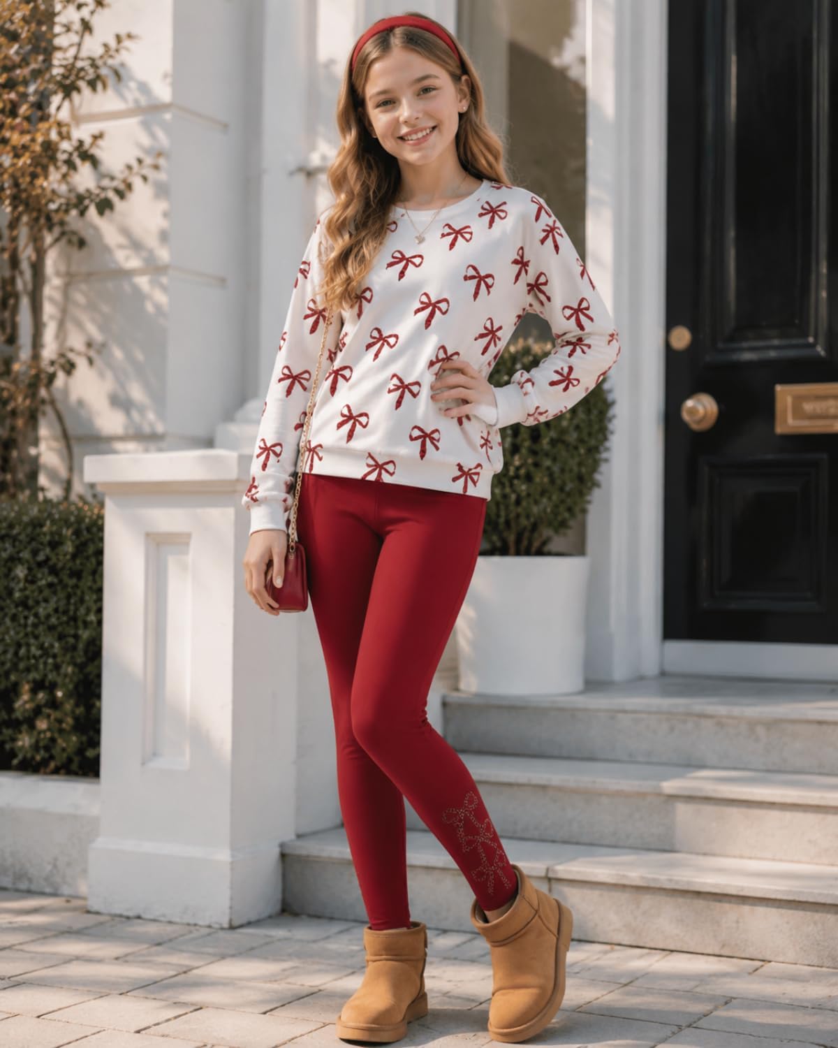 Size 7-14 Years Girls Fall Clothes Long Sleeve Bow Printed Top + Leggings Pants Teen Girls 2 Piece Outfits Set