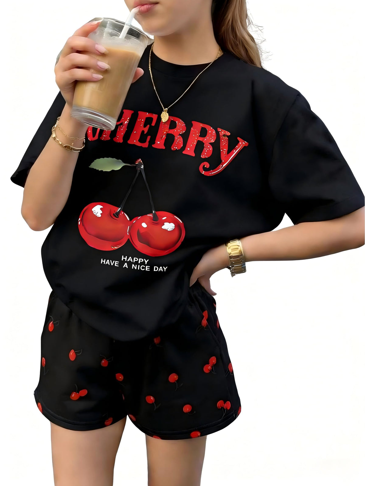 KIDLAGA Girls Two Piece Sets Cherry Pattern Short Sleeve Shirts and Shorts Set With Pockets Girls Summer Outfits Size 7-14