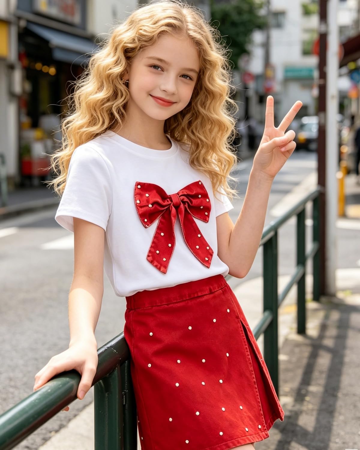 6-12Y Girls Summer Clothes Short Sleeve Bow Print T-Shirt Denim Skirt Shorts Set Tween Girls Outfits Set