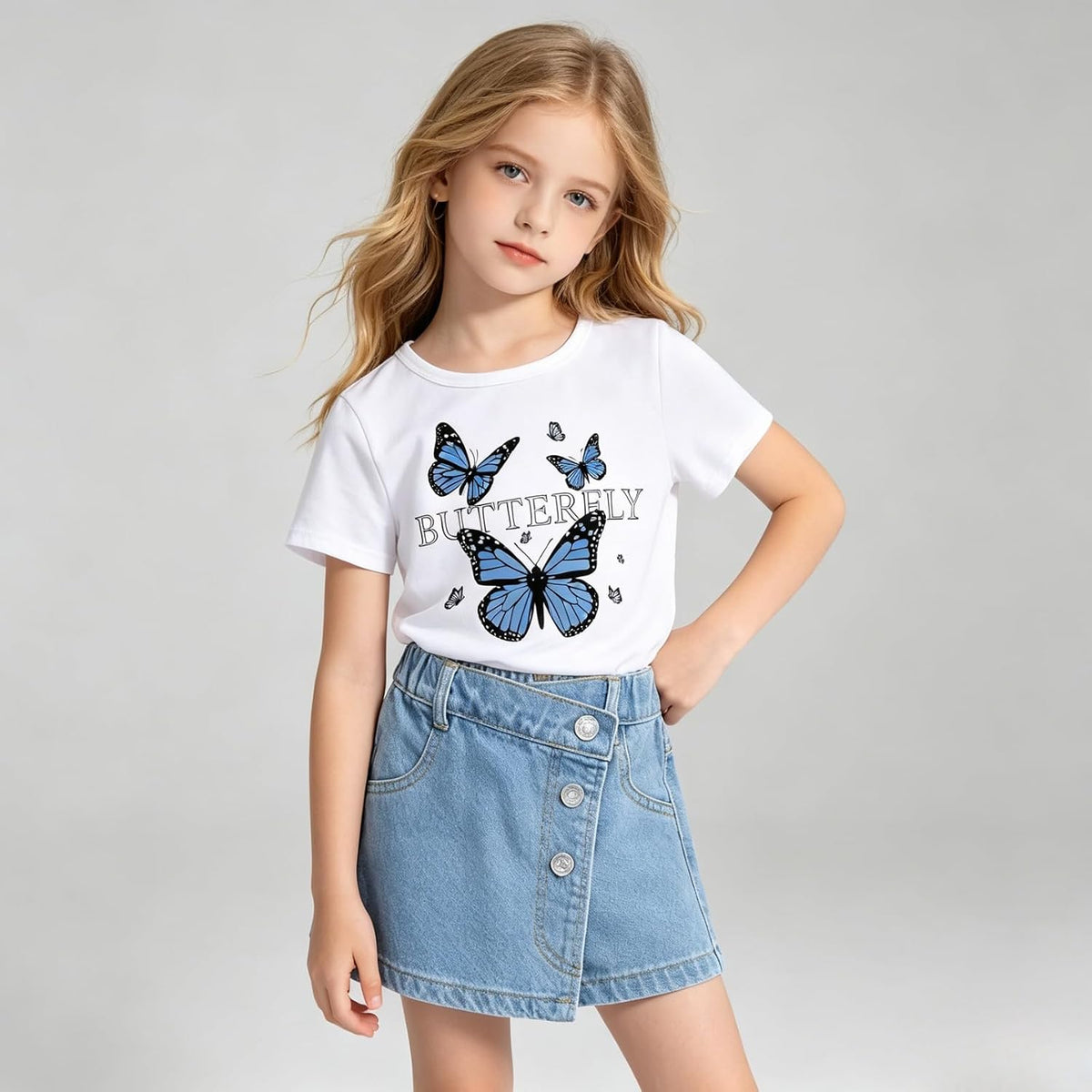 Girls Clothes 2PCS Butterfly Print Short Sleeve T-Shirt Denim Skirt Shorts Set Teen Tween Girls Summer Outfits Set
