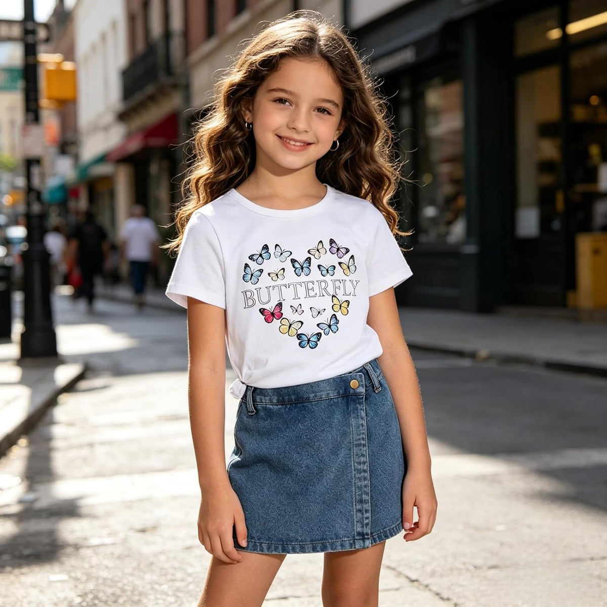 Girls Summer Clothes Butterfly Print Short Sleeve Tops and Denim Skirt Shorts Set Cute Outfits for Kids Girls 5-12Y