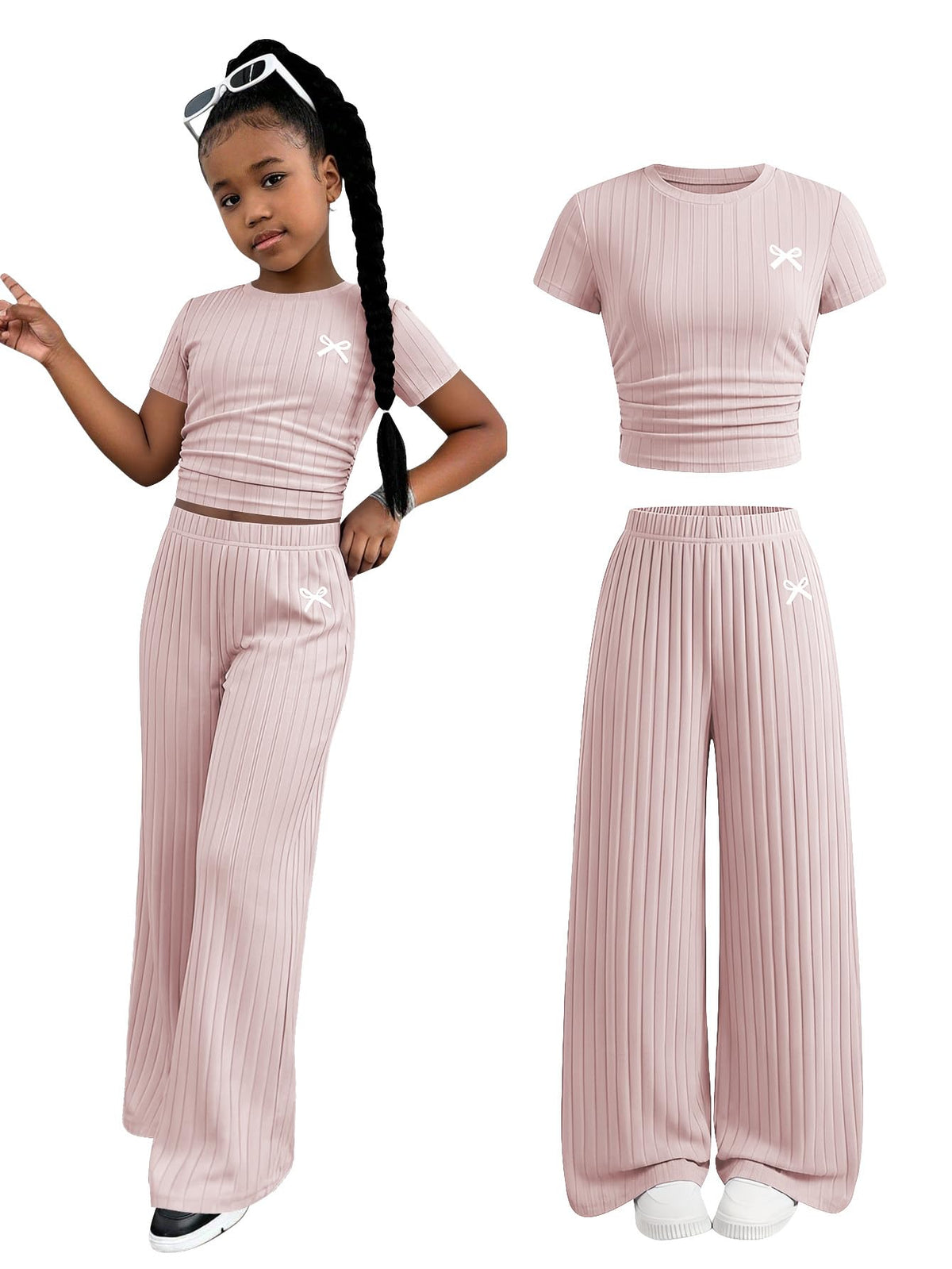 SOLY HUX Girl's Bow Print Short Sleeve T Shirt Pants Outfits