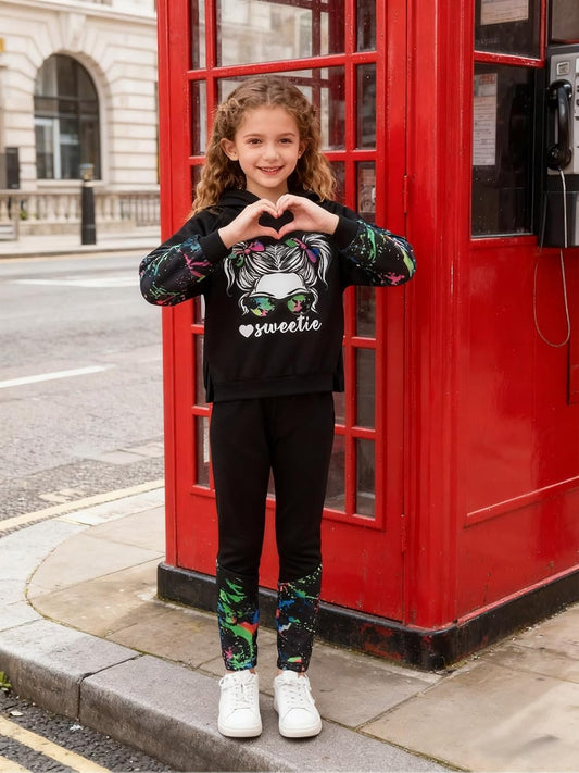 Kids Girls Clothes Cool Girl Print Tie Dye Pullover Sweatshirt and Sweatpants 2 Pieces Outfits Set