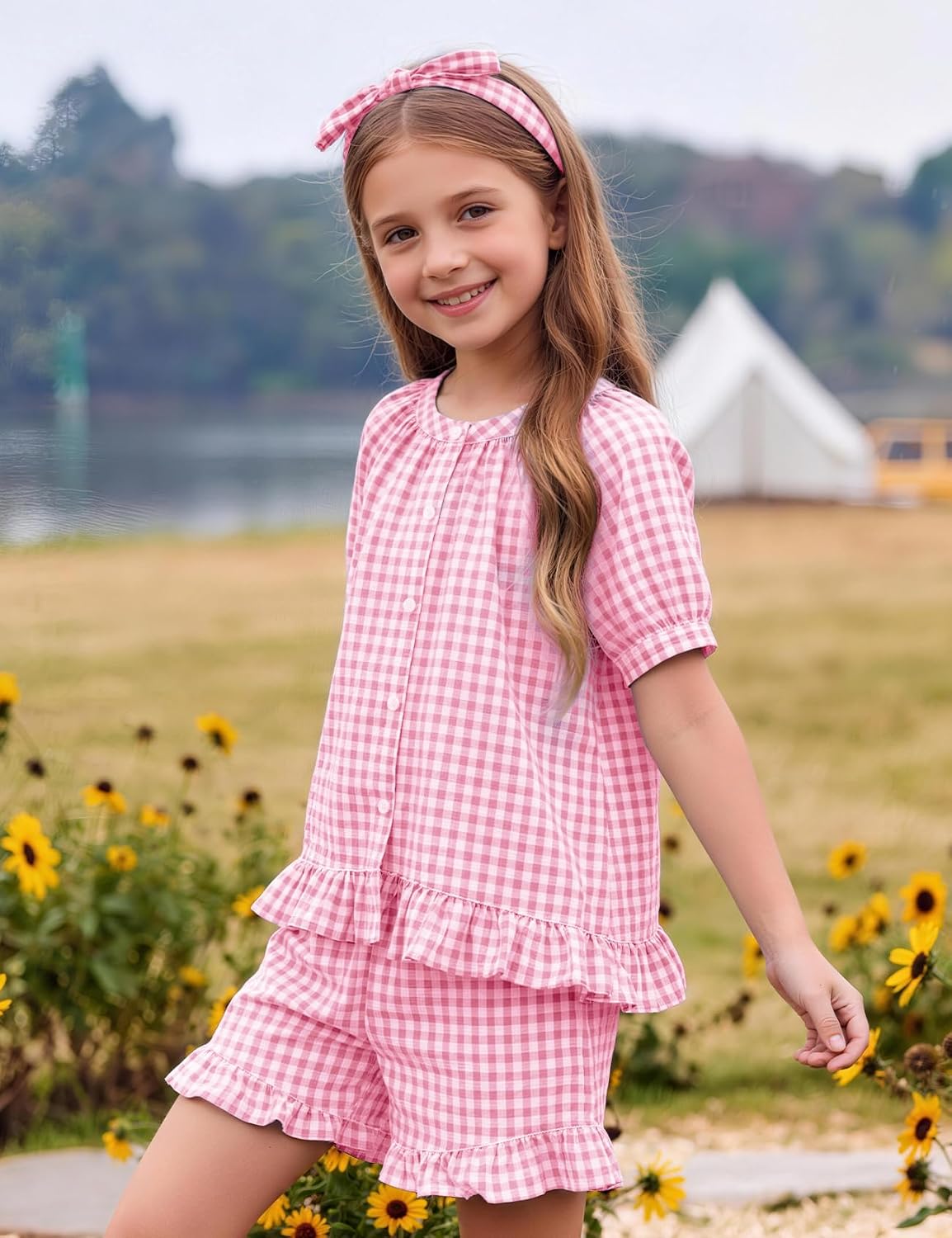 Flygo Girls Cotton Gingham Sets Cute Summer Outfits Shorts Set 5-14 Years