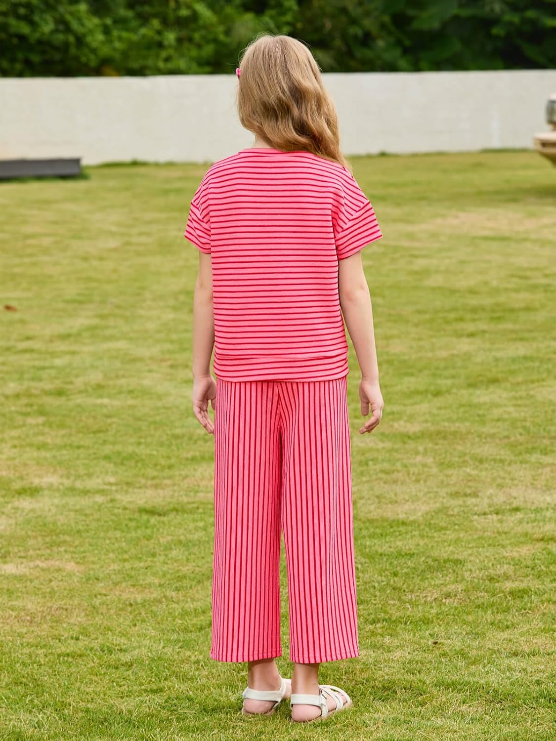 Haloumoning Girls Striped 2 Piece Outfits Short Sleeve T Shirts Wide Leg Pants Matching Lounge Set with Pockets