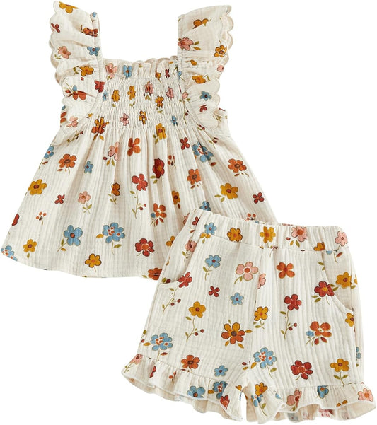 BemeyourBBs Summer Toddler Girl Clothes Baby Girl Ruffle Shirt Shorts Set