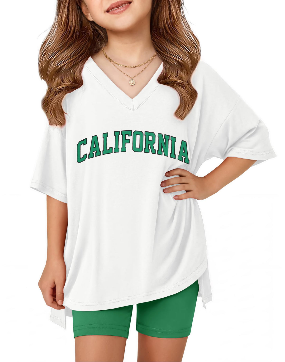 Arshiner Girls 2 Piece Summer Outfits Oversized V Neck Top Shorts Set