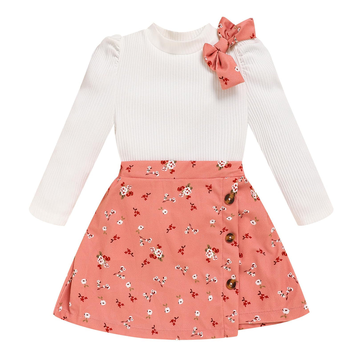 Toddler Girl Plaid Outfits Fall Winter Dress Knit Ribbed Bow Sweatshirt Tops and Button Fashion Skirts Set