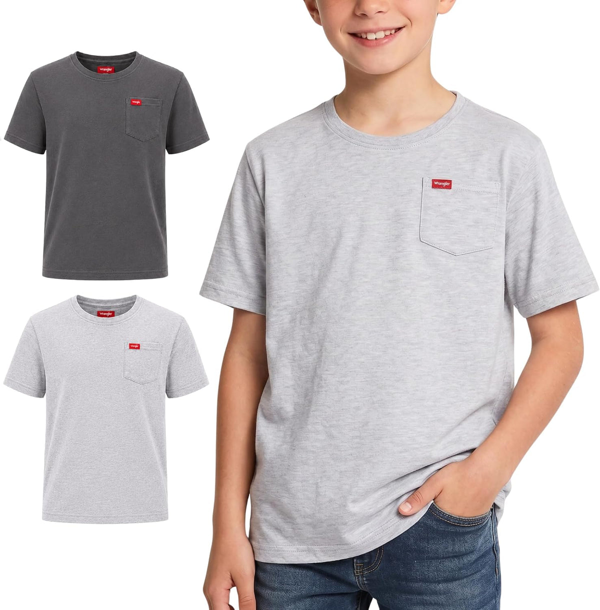 Wrangler Boys T Shirts 2-Pack - Crew Neck Pocket Tee, Soft Cotton Blend