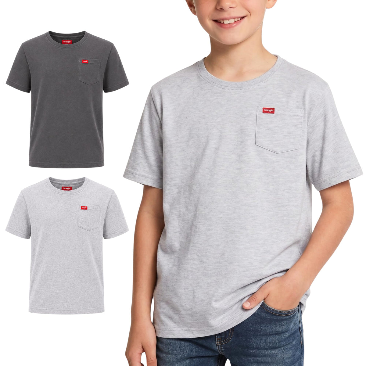 Wrangler Boys T Shirts 2-Pack - Crew Neck Pocket Tee, Soft Cotton Blend