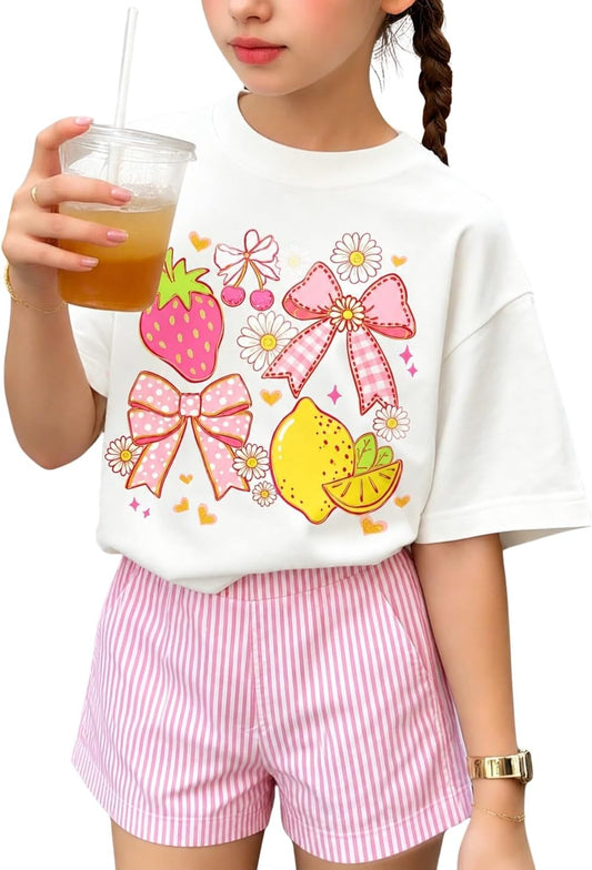 Girls Clothes Summer 2 Piece Outfits Cute Strawberry Lemon Shell Graphic Tee+ Striped Shorts Set Kids Clothing Sets