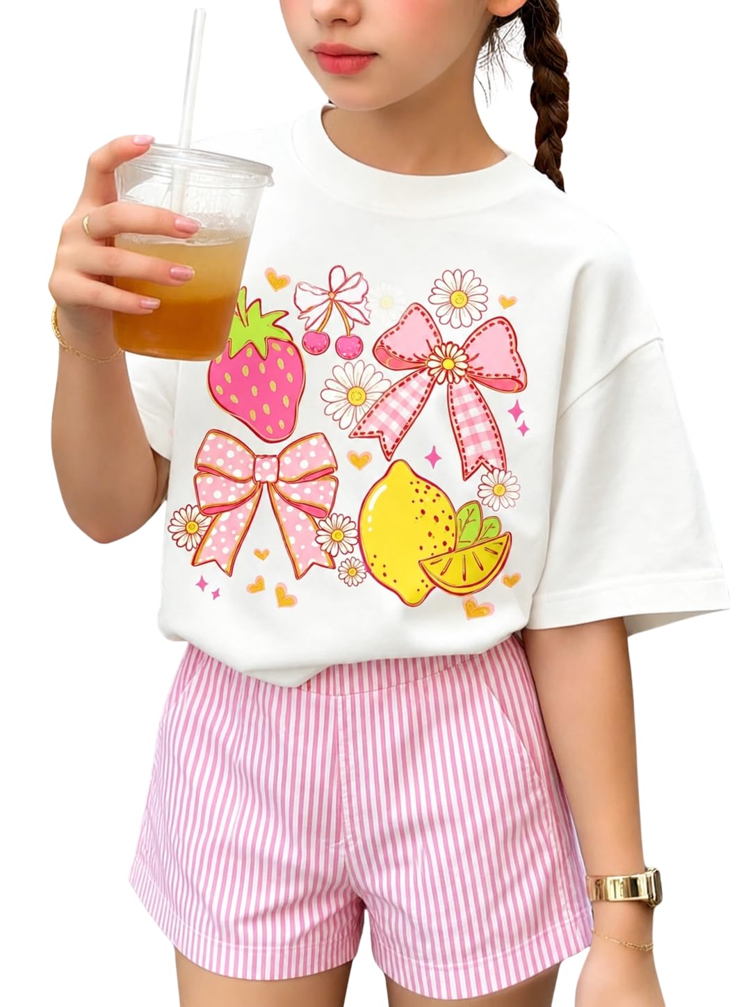 Girls Clothes Summer 2 Piece Outfits Cute Strawberry Lemon Shell Graphic Tee+ Striped Shorts Set Kids Clothing Sets