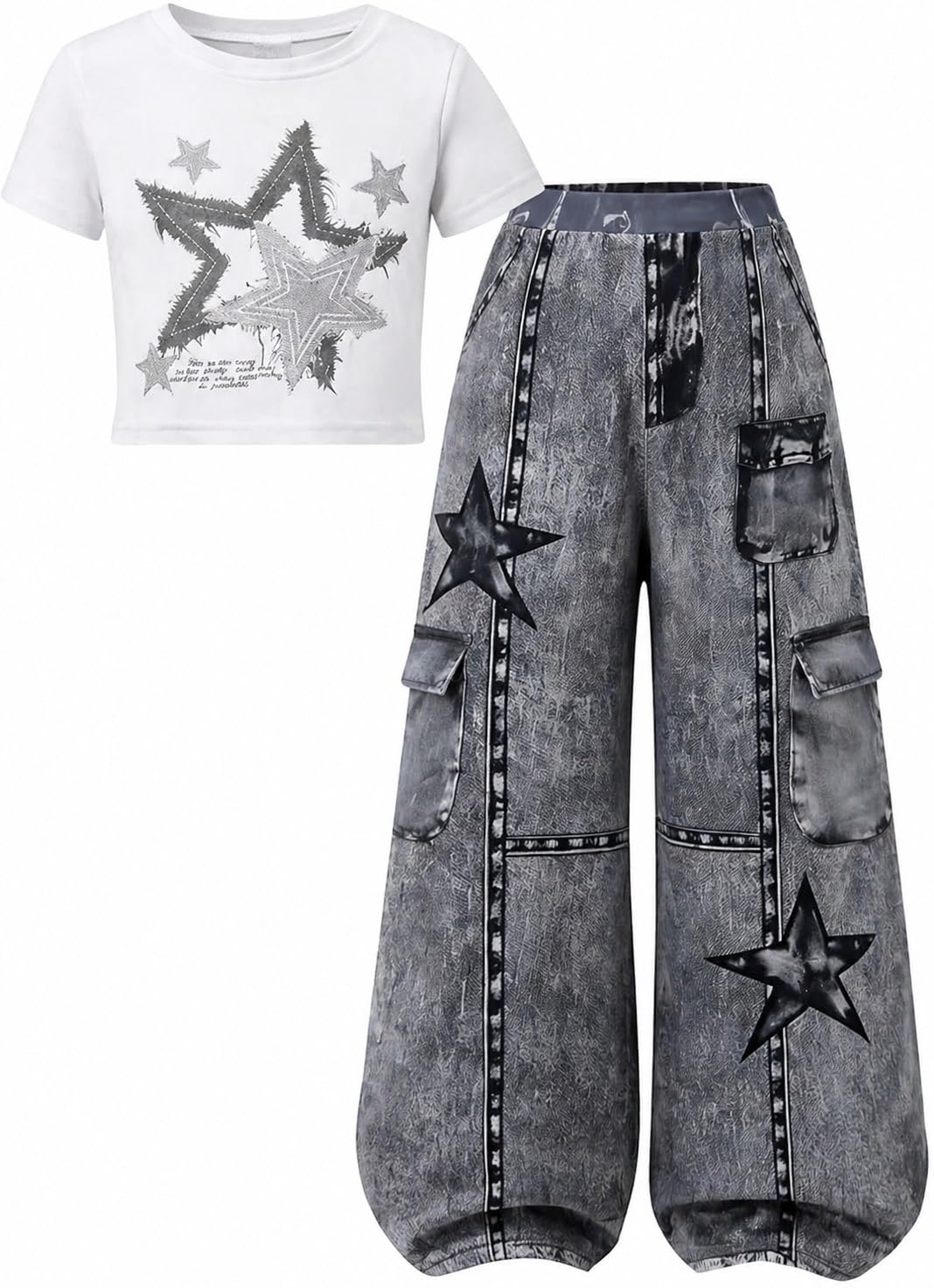 Girls Clothes 2 Piece Smiley Face Print T-Shirt Tops & Cargo Pants Spring Summer Outfits Tween Girls 7-14Y