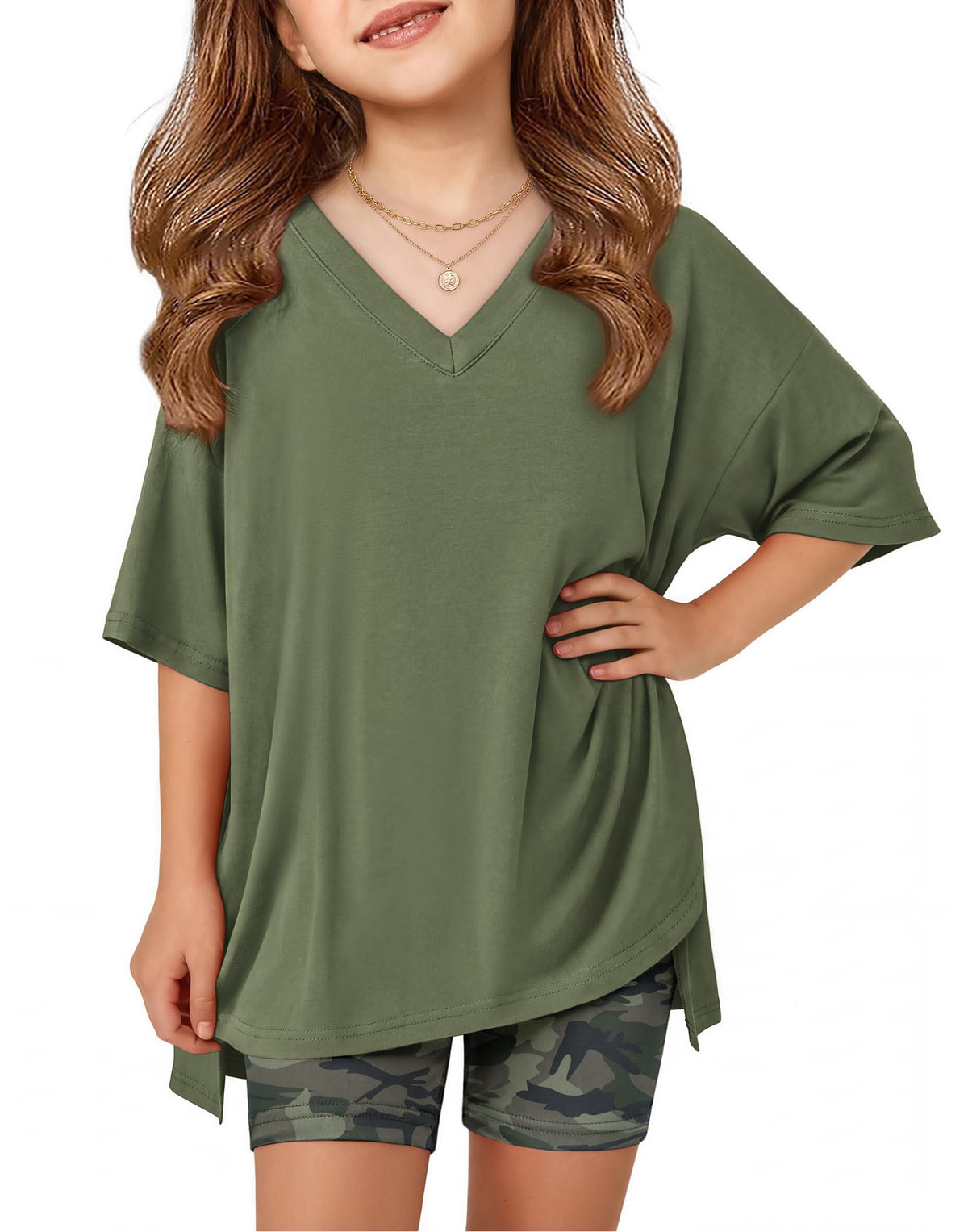 Arshiner Girls 2 Piece Summer Outfits Oversized V Neck Top Shorts Set