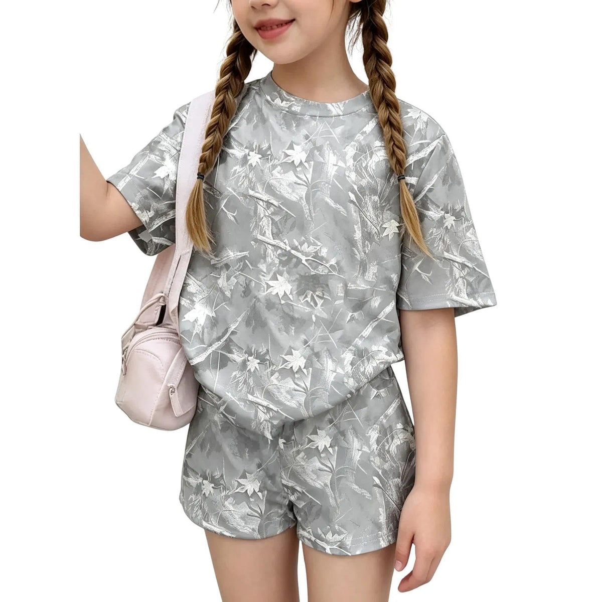 2026 6-12 Years Old Girls 2Pcs Spring Summer Outfits Set Crew Neck Short Sleeve Tops with Pocket Tie-Dye Shorts