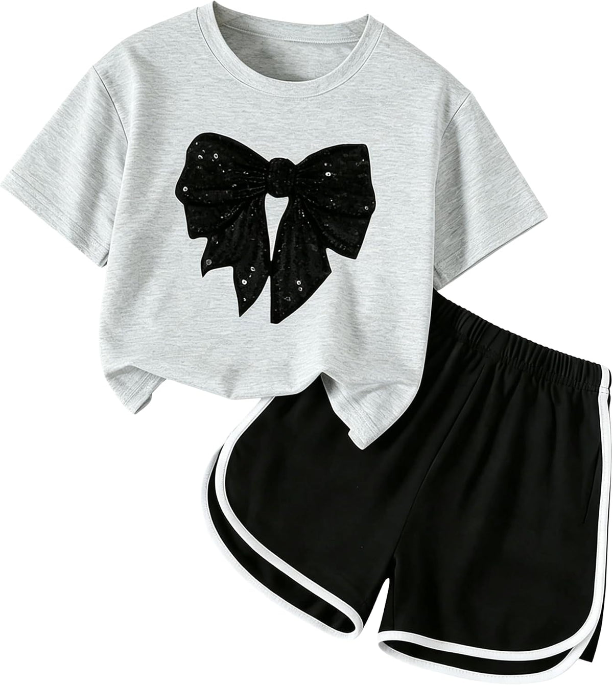 6-12Y Girls Summer Clothes Short Sleeve Bow Print T-Shirt Denim Skirt Shorts Set Tween Girls Outfits Set