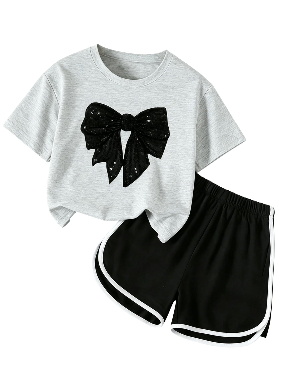 6-12Y Girls Summer Clothes Short Sleeve Bow Print T-Shirt Denim Skirt Shorts Set Tween Girls Outfits Set