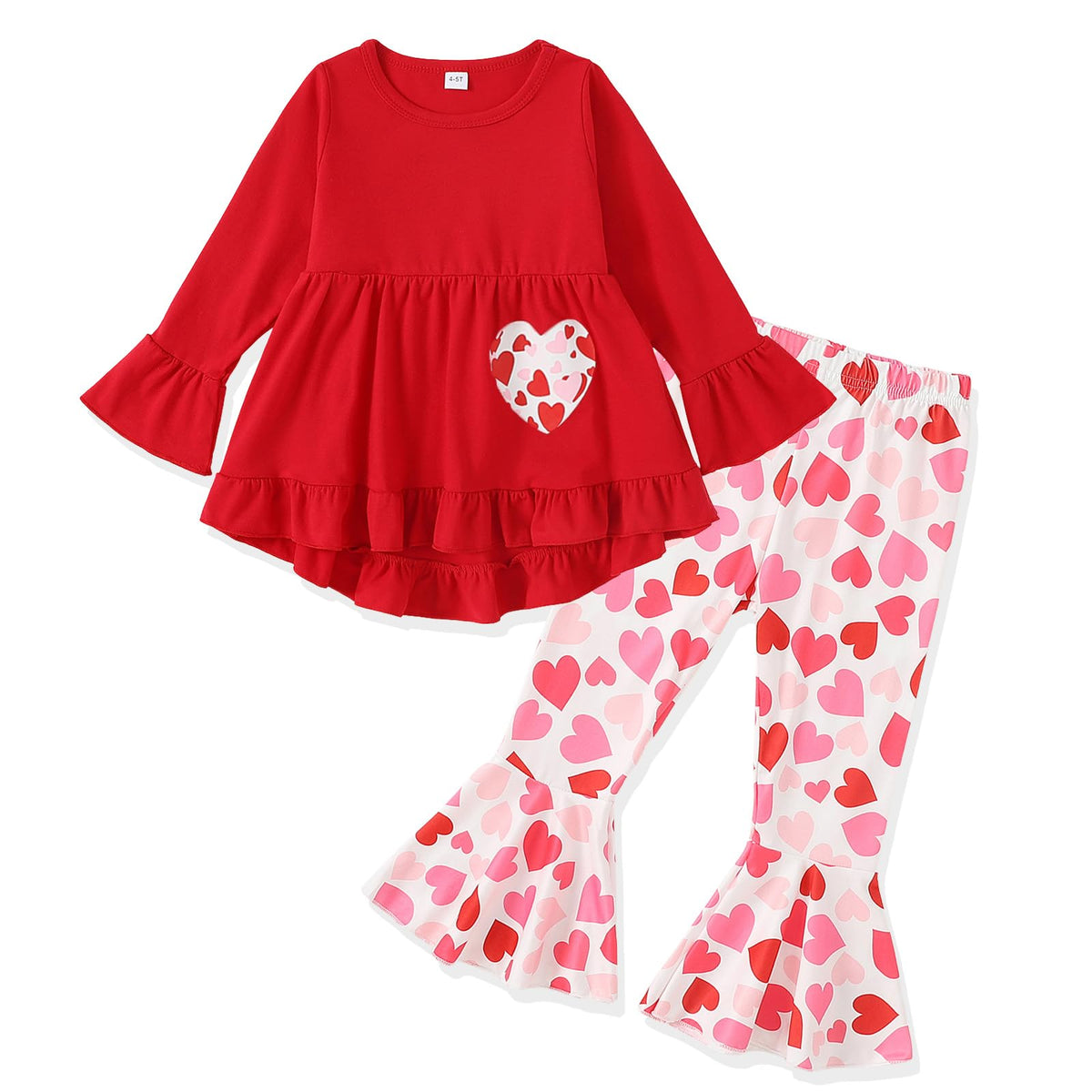 Toddler Girl Clothes Ruffle Long Sleeve Heart Print Tops and Pants 2PC Little Girl Winter Outfits Size (4-7T)