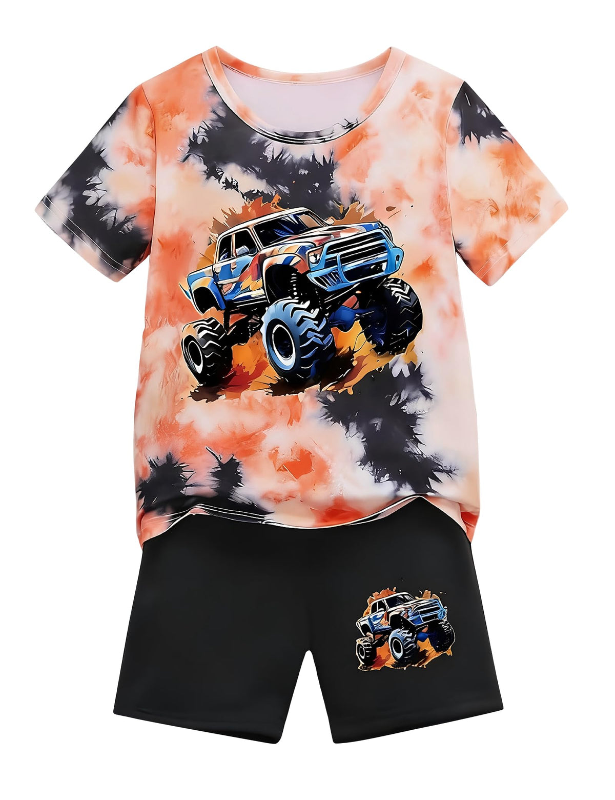 Boys Clothes 2-Piece Summer Outfit 3D Car Print Tie-Dye T-Shirt & Elastic Waist Shorts for Kids Clothing Set 5-11Y