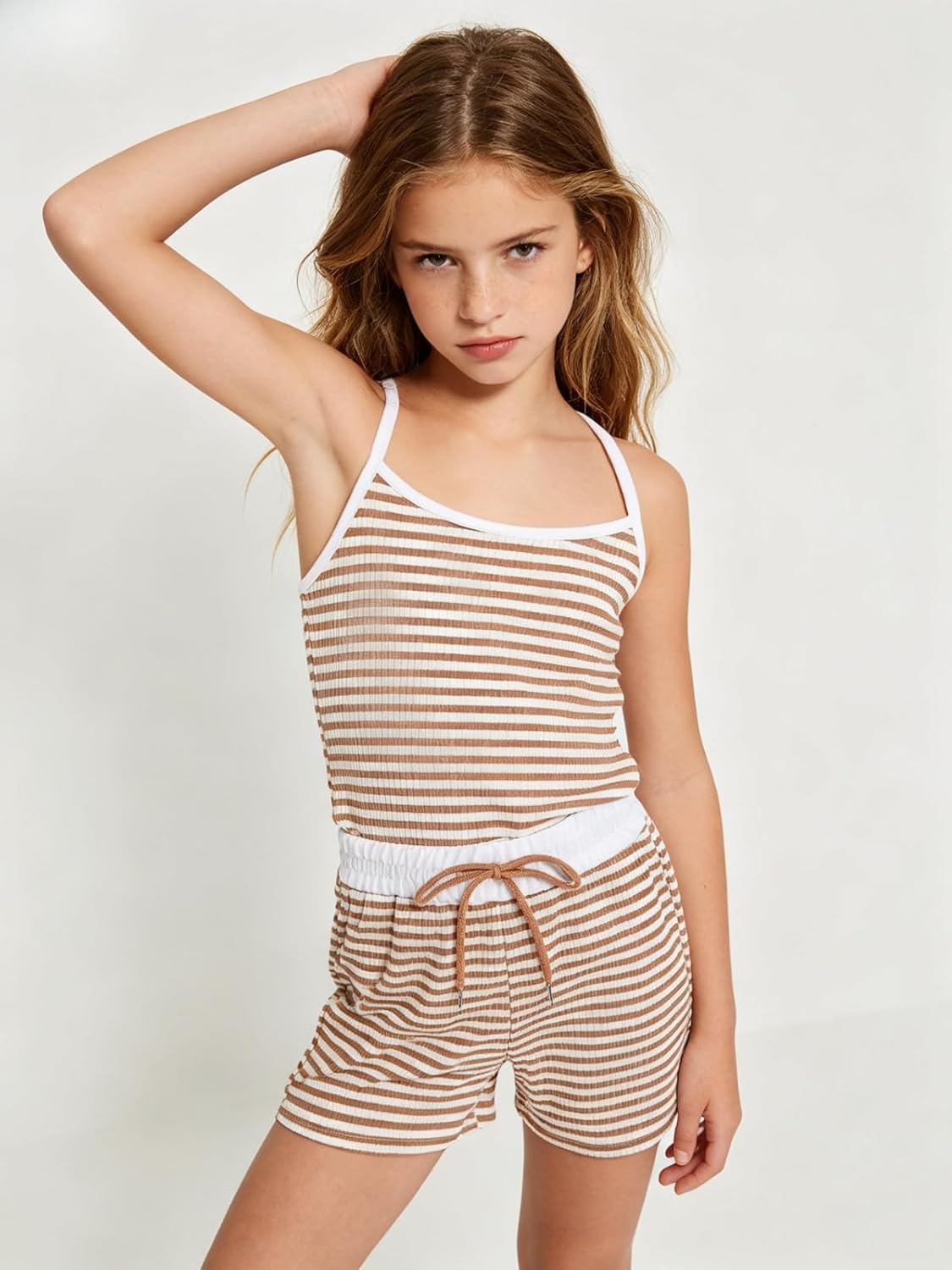 Size 7-14Y Girls Clothes 2 Piece Outfits Striped Tank Top Drawstring Shorts Teen Girls Summer Clothing Sets