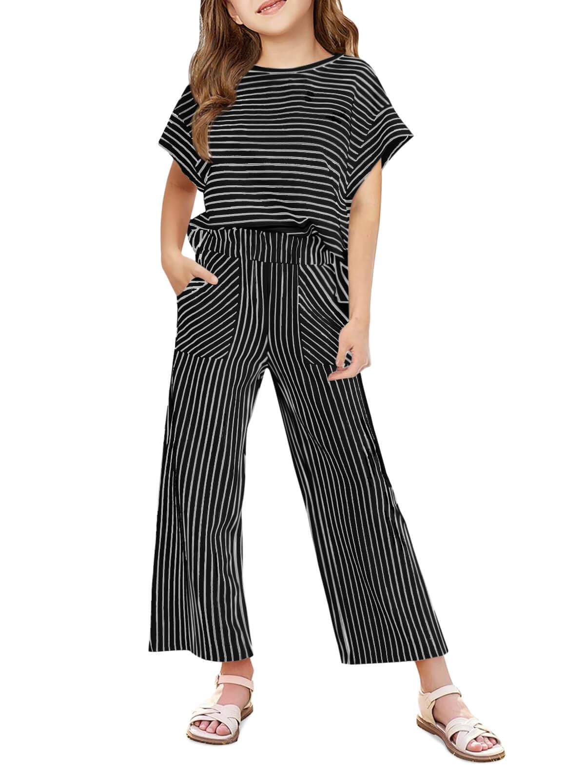 Haloumoning Girls Striped 2 Piece Outfits Short Sleeve T Shirts Wide Leg Pants Matching Lounge Set with Pockets