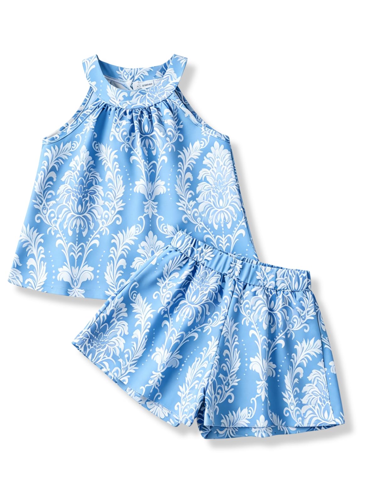 Girls Summer Outfits 2 Piece Halter Neck Floral Sleeveless Top and Short Pants Set Clothes for Kids Size 4-8 Years