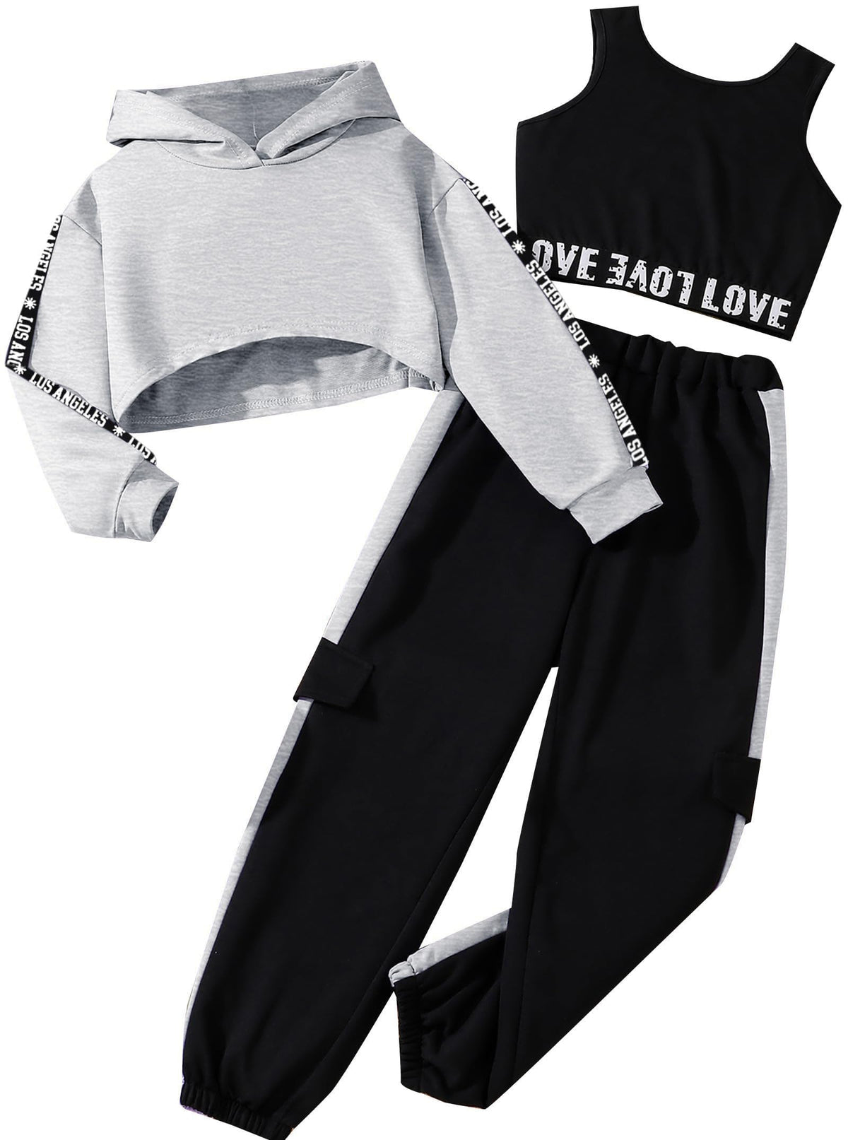 Hilinker Girls 3 Piece Outfits Workout Crop Hoodie Tank Sweatpants