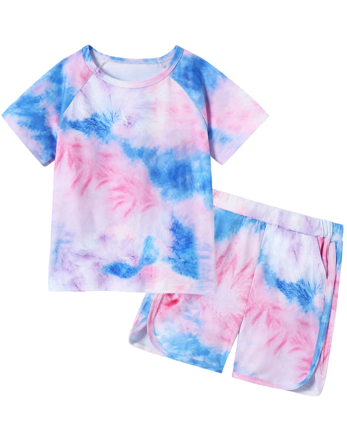 DISAUR Girls Summer Outfits 2 Piece Matching Sets Tie Dye T Shirt and Shorts Set with Pockets for Girls 4-10 Years
