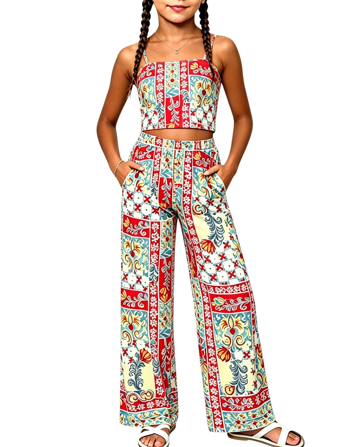 Ayzozuy Girls 2 Piece Outfit Sleeveless Peplum Top and Bow Print Wide Leg Pants Clothes for Tween Girls 7-14Y