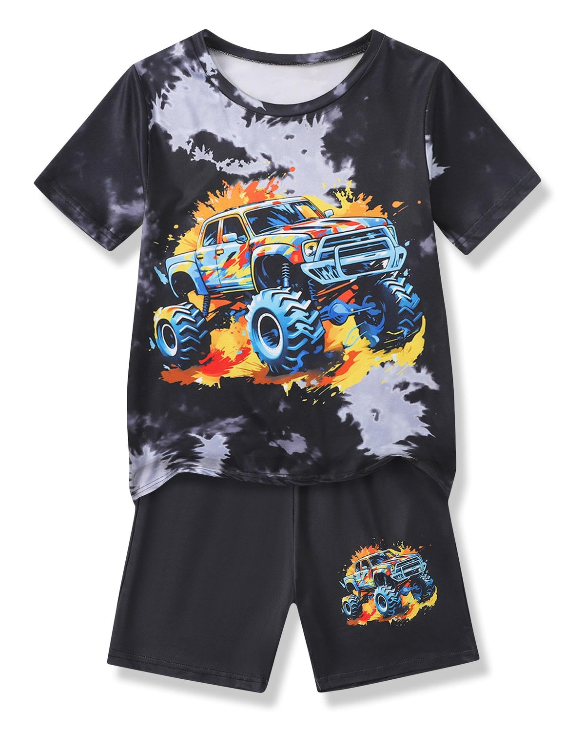 Boys Clothes 2-Piece Summer Outfit 3D Car Print Tie-Dye T-Shirt & Elastic Waist Shorts for Kids Clothing Set 5-11Y