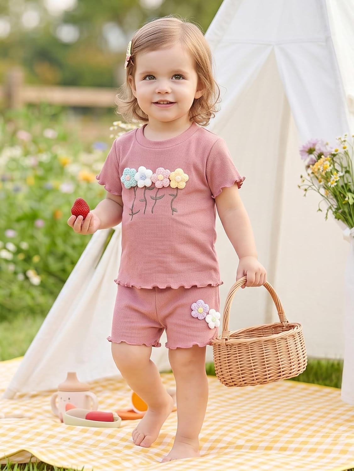 Yvowming Toddler Baby Girl Clothes Outfits,Summer Ruffle Ribbed Flower T Shirt Shorts Set Clothes for Girls