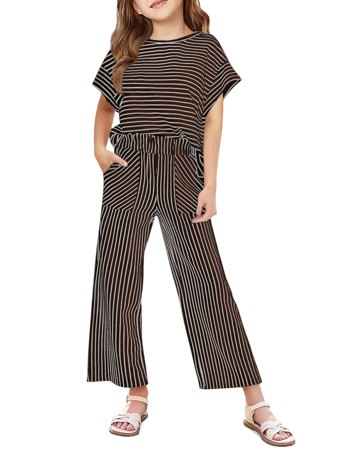 Haloumoning Girls Striped 2 Piece Outfits Short Sleeve T Shirts Wide Leg Pants Matching Lounge Set with Pockets