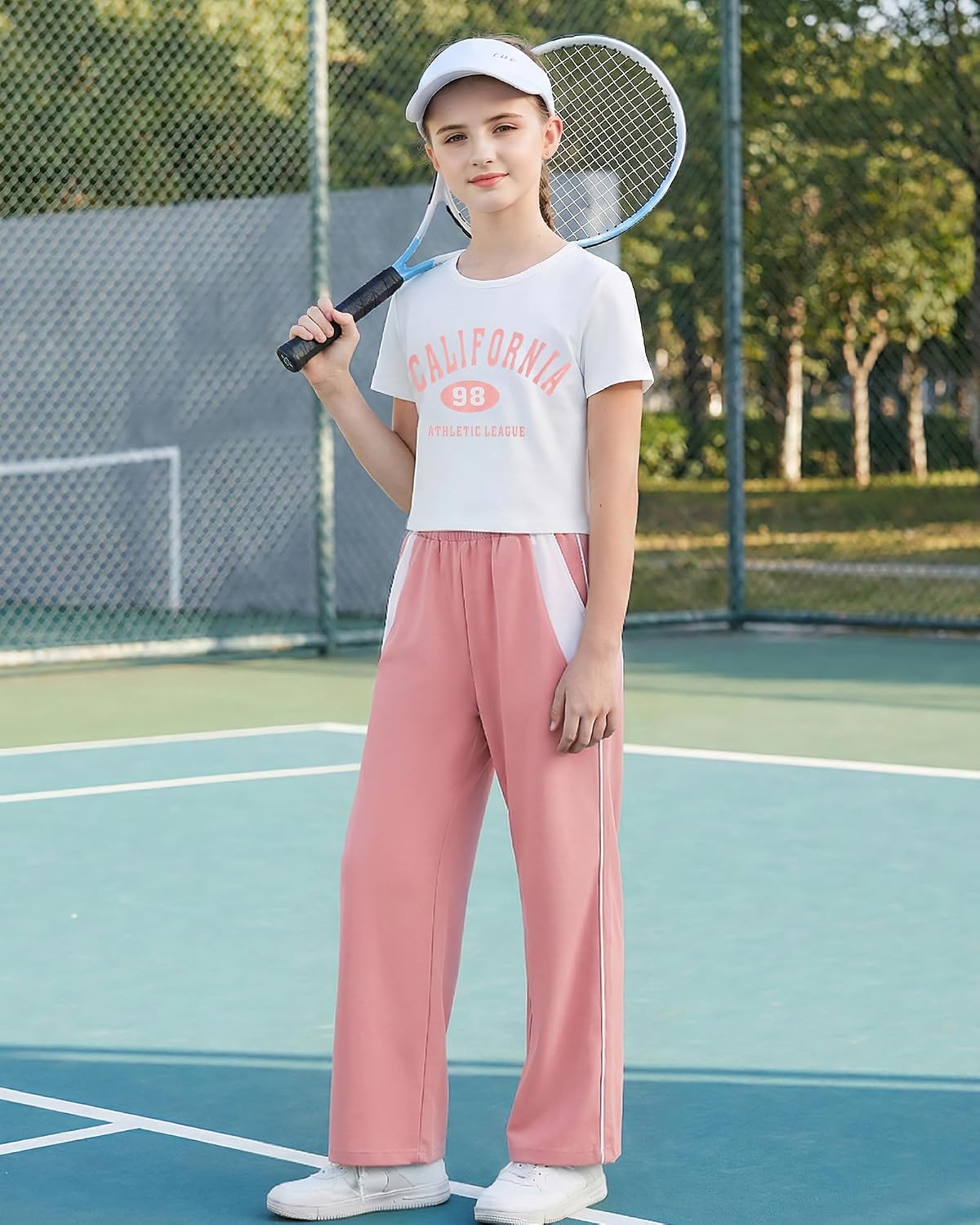 YOURUIKEY Girls 2 Piece Outfits Short Sleeve Shirts & Sweatpants Set with Pockets Summer Clothes Sweatsuit Size 7-14Y