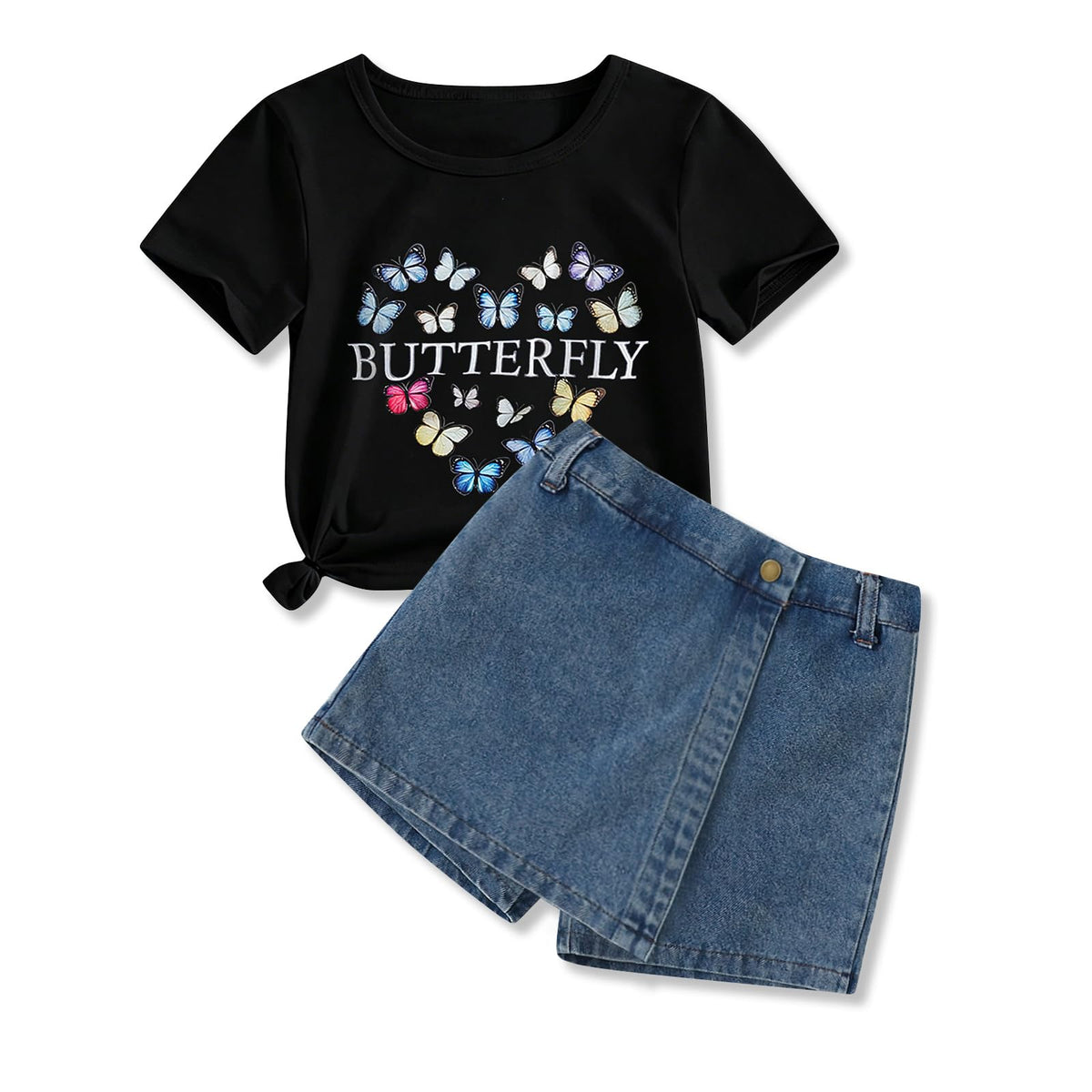 Girls Summer Clothes Butterfly Print Short Sleeve Tops and Denim Skirt Shorts Set Cute Outfits for Kids Girls 5-12Y
